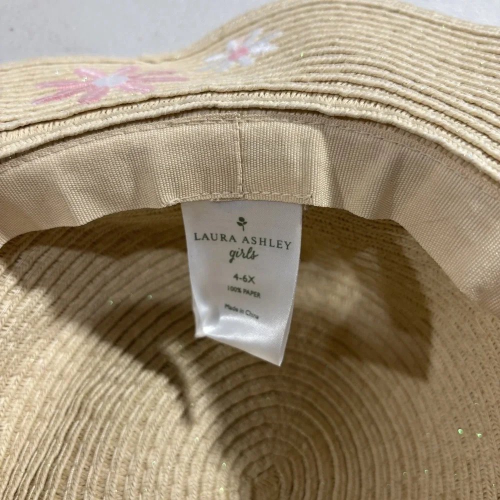 Laura Ashley Straw Sun Hat Girls 4-6X Floral Embroidered 100% Paper Summer Beach